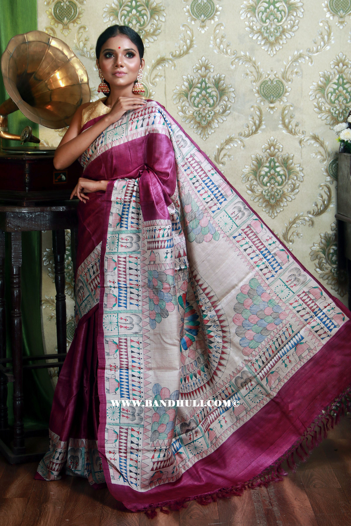 Magenta Madhubani Hand Painted Tussar Saree